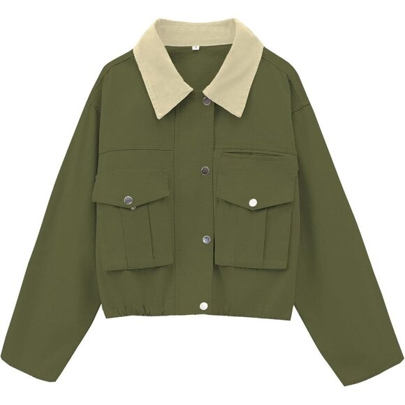 Jackets & Blazers - Women Army green Cropped Utility Cargo Coat Contrast Collar Barn Outwear